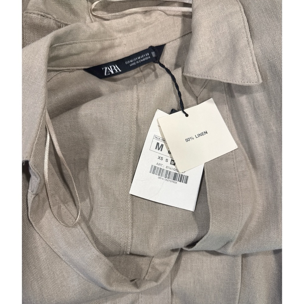 NWT Zara Linen Blend Long Sleeve Gold Buttondown Shirt  Khaki Tan Midi Dress M - Picture 3 of 14